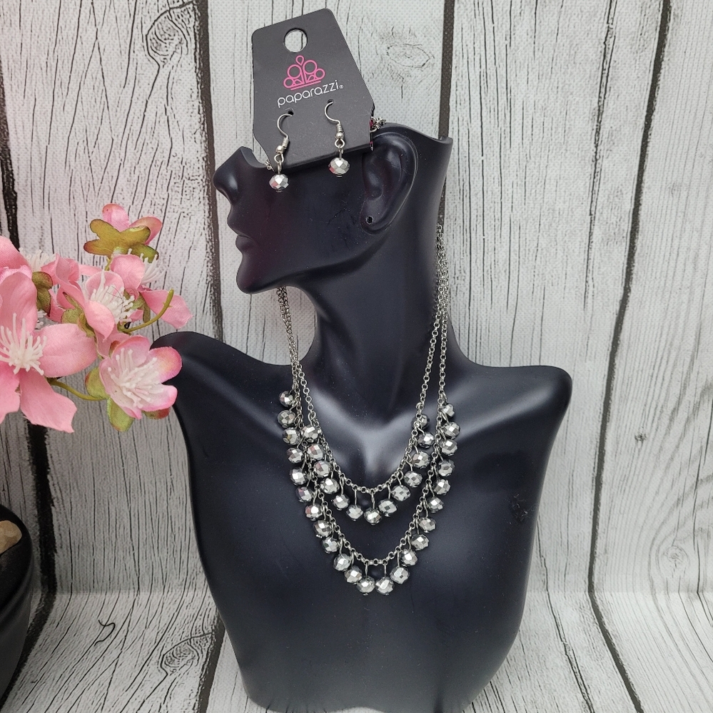 Silver Beaded Necklace and Earring Set